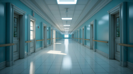 empty hospital corridor with windows on the left and the lights of a sun