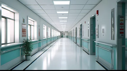 Fotobehang empty hospital corridor with windows on the left and the lights of a sun © Ployker