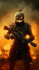 Spec Ops Hell Warrior Soldier Blow Up Action Scene Weapon, Halloween Jak o Lantern Fighter Exploding Cinematic Blaze, Generative ai