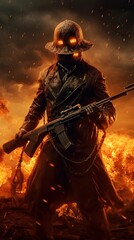 Naklejka premium Spec Ops Hell Warrior Soldier Blow Up Action Scene Weapon, Halloween Jak o Lantern Fighter Exploding Cinematic Blaze, Generative ai