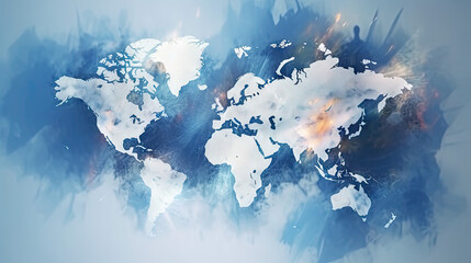World map double exposure ice blue background. Generative AI.