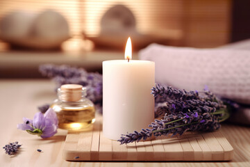 Fototapeta na wymiar Spa concept with lavender oil, white towel and perfumed candle on natural wood