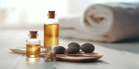 beauty treatment items for spa procedures on wooden table, massage stones, essential oils and sea salt