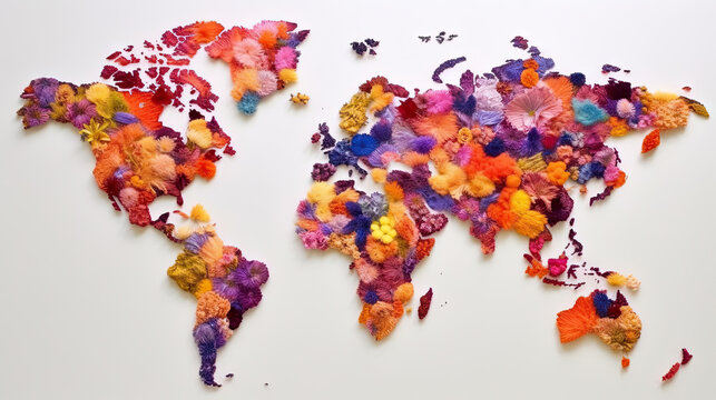 World map in flowers background. Generative AI.