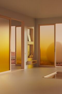 Minimalist interior with yellow windows at sunset