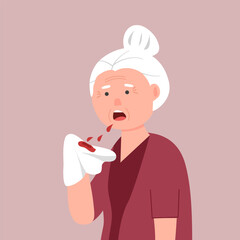 Old woman with coughing blood in flat design. Bleeding cough concept vector illustration.