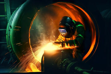 Heavy Industry Welder Working, Welding Inside Pipe. Construction of NLG Natural Gas and Fuels Transport Pipeline.	
