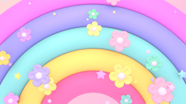 3d rendered rainbow with flowers.