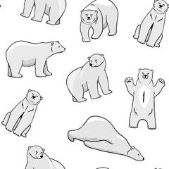 White polar bear seamless pattern. Vector illustrations of forest animal on white.