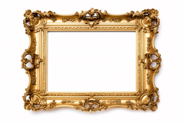 The empty antique golden frame on white background with empty space for image