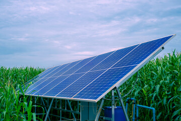 Solar panels for irrigation systems in farmer's corn fields in countryside of thailand