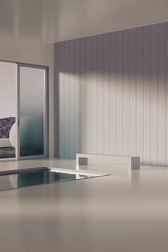 Minimalist interior with blue windows at sunset