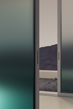 Minimalist interior with blue windows at sunset