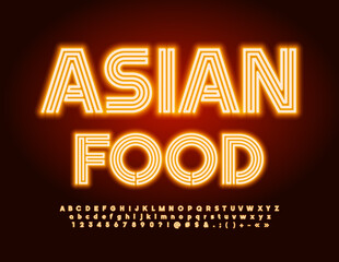 Vector advertising Poster Asian Food.  Modern Neon Font. Bright Electric Alphabet Letters and Numbers set
