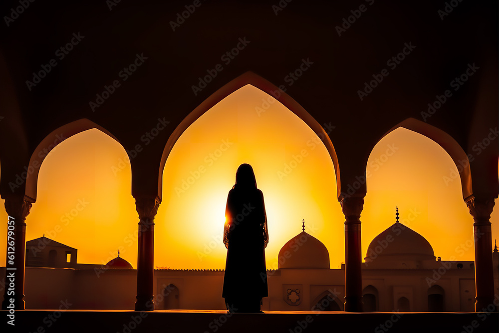 Wall mural silhouette of a persian woman in national dress against the background of traditional iranian archit