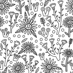 Doodle Flower Aster seamless pattern. Hand Drawn naive floral. Vector surface background for fabric, textile, wallpaper