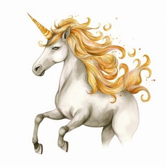 Obraz na płótnie Canvas watercolor unicorn illustration, fairy tale creature, gold curly hair, fantasy animal clip art, isolated on white background, Generative AI