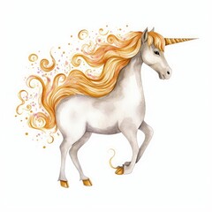 Plakat watercolor unicorn illustration, fairy tale creature, gold curly hair, fantasy animal clip art, isolated on white background, Generative AI