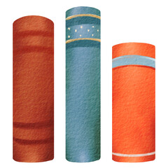 Set of the spines of watercolor books. University, Back to school, college. Brown red blue books, isolated elements. polka dot pattern, contrasting stripes on textbooks. Cozy home colors. Hand drawn