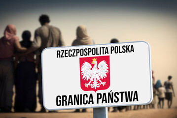 Eine Gruppe vom Migranten steht an der Grenze zu Polen