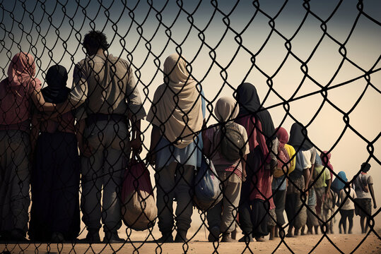 Eine Gruppe von Flüchtlingen steht vor einem Zaun an der Grenze