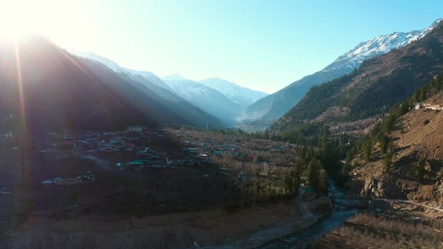 Village At The Base Of Sangla Valley In Baspa River, Himachal Pradesh India. Aerial Wide Shot 