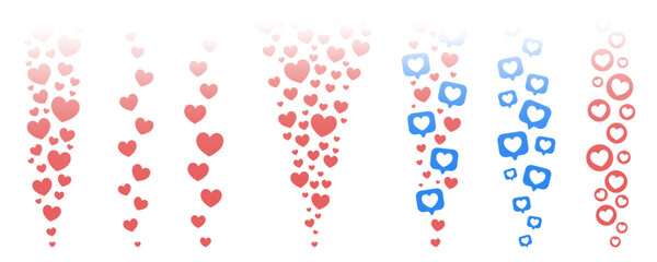 Hearts likes in live stream in social media. Flying up love reactions template on white background. Vector illustration