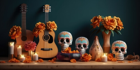 Dia de muertos altar concept , Day of the dead or dia de muertos banner with flowers , skulls , candles , guitar , Created with generative AI