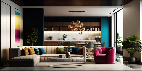3D rendering of the living room in a luxurious residence. Generative Ai.