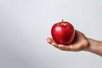 hand holding and showing a fresh whole red apple on white background with copy space. Created with Generative AI Technology