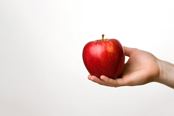 hand holding and showing a fresh whole red apple on white background with copy space. Created with Generative AI Technology