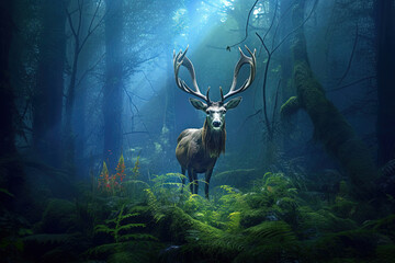 A magical fairy tale forest with deer. A mythical realm is like something out of a storybook