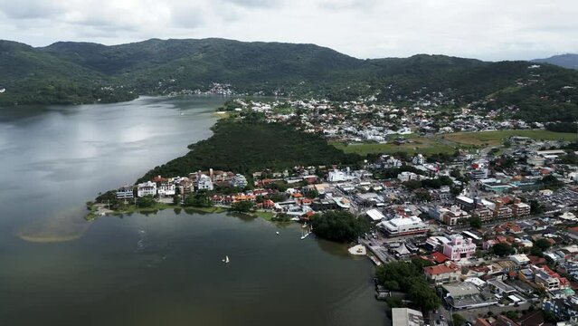 Aerial Drone View, Town of Lagoa da Conceicao, Island of Santa Catarina in Brazil in Summer, Panoramic Establishing Shot