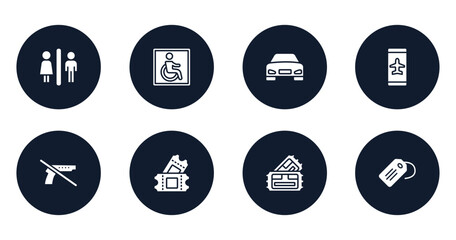 in the frontier filled icons set. flat filled icons sheet included male and female toilet, wheelchair accessible, front car, smartphone airplane mode, no guns, ticket card, pair of cinema tickets,