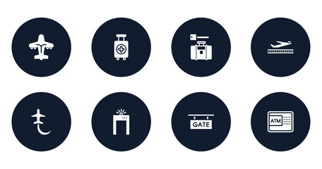 in the airport filled icons set. flat filled icons sheet included airliner, medical, left luggage, takeoff the plane, planes circling, metal detector gate, gate, automated teller hine vector.