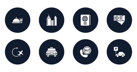 hotel services filled icons set. flat filled icons sheet included snacks, modern hotel, international passport, airplane tickets, airplane, taxi frontal vehicle, hotel phone, parking car vector.