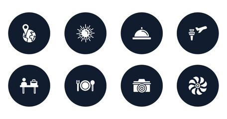 holidays filled icons set. flat filled icons sheet included position, spring sun, covered food plate, airplane and airport tower, check in desk, plate with fork and knife cross, digital camera,