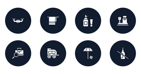airport filled icons set. flat filled icons sheet included unmanned, bath towel, toiletries, travelling baggage weight, baggage verification, two window carriage, beach umbrella and beach ball, no