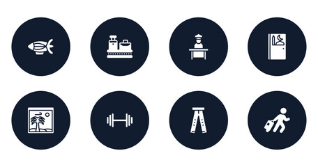airport filled icons set. flat filled icons sheet included blimp, baggage on conveyor band, airport worker, prayer room, vacation images, gym dumbbell, ripped jeans, traveler at the airport vector.