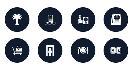 airport and travel filled icons set. flat filled icons sheet included coconut trees, swimming pool ladder, passport control, geography text book, baggage transportation over wheels cart, full body,