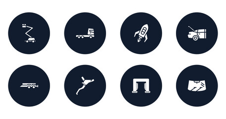 car engine filled icons set. flat filled icons sheet included aerial lift, truck cabin side view, flying rocket, trunk open, car trailer, brakes, carwash hine, windscreen vector.