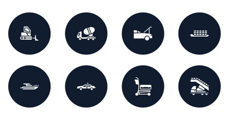 airport filled icons set. flat filled icons sheet included bulldozer side view, concrete mixer truck side view, hood open, container ship side view, yacht police car airport cart, airport truck