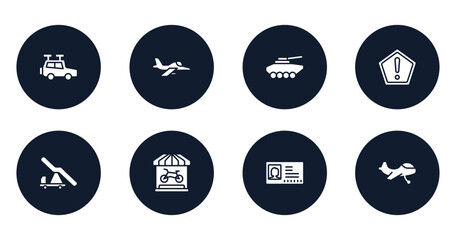 vehicles and transports filled icons set. flat filled icons sheet included travel baggage, army airplane, armored vehicle, precaution, aircraft stairs, bike shop, driving pass, small plane vector.