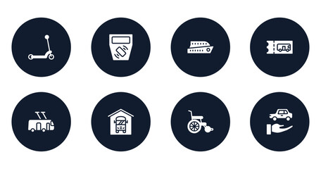 road trip filled icons set. flat filled icons sheet included kick, ticket validator, ferry boat, bus ticket, trolleybus, bus depot, wheel chair, rental car vector.