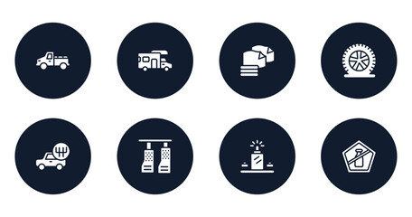 airport filled icons set. flat filled icons sheet included pickup car, rv, microfiber, flat tire, shift, car pedals, luggage scan, no liquid vector. © VectorStockDesign