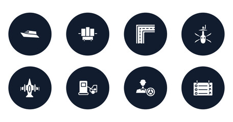 railway filled icons set. flat filled icons sheet included speed boat, x-ray, broken line, military helicopter bottom view, army airplane bottom view, refilling, instructor, departure vector.