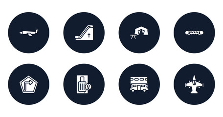 airplanes filled icons set. flat filled icons sheet included airplane of paper sheet, or up, campsite, damper, right, luggage locker, double decker, military airplane bottom view vector.