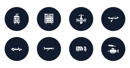 car wash filled icons set. flat filled icons sheet included trolley bus, flight information, army helicopter bottom view, watercraft, convertible, airplane, touristic, car engine vector.