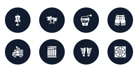 Fototapeta premium summer filled icons set. flat filled icons sheet included disc golf, island with palm trees, sand bucket, swimming trunks, ice cream van, air mattress, diving fins, life guard vector.