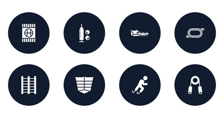 gym filled icons set. flat filled icons sheet included blue card, doping, soccer boots, race track, trellis, abs, paralympics, handgrip vector.